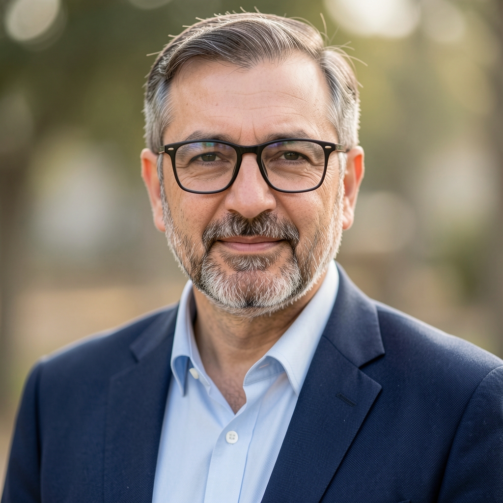Ciddi görünümlü, kısa sakal bırakmış, gözlüklü orta yaşlı erkek analist — araştırmacı Murat Koçak portresi